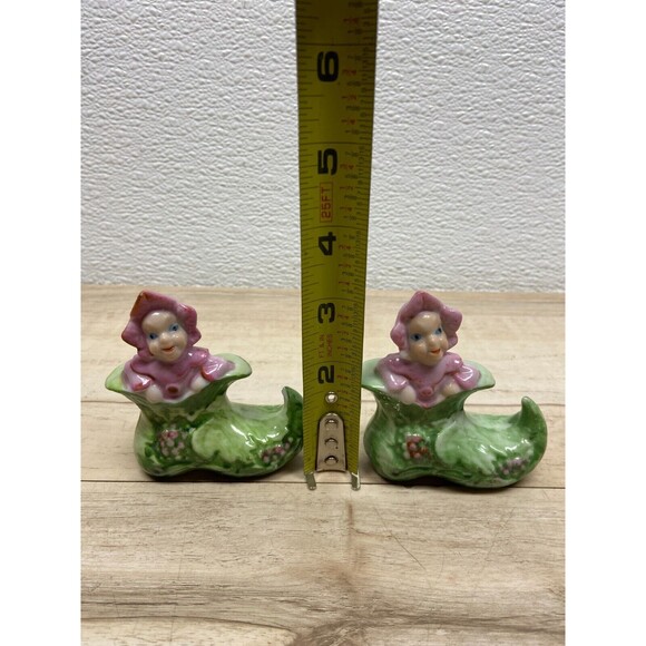 Vtg Unbranded Pink Elf In Green Boot Porcelain Figurine Set Of 2 Made In Japan - Picture 9 of 9